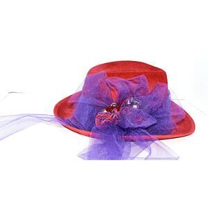 Red Felt Hat With Purple Sheer Ribbon & Decorative Bow Red Hat Society Women